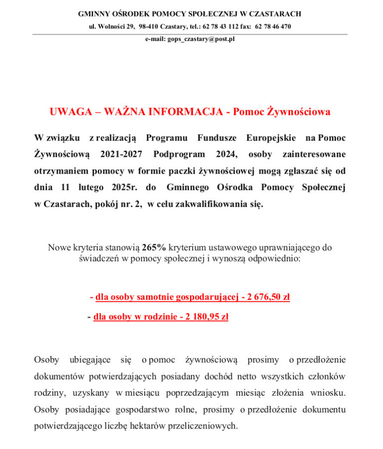 UWAGA – WAŻNA INFORMACJA - Pomoc Żywnościowa